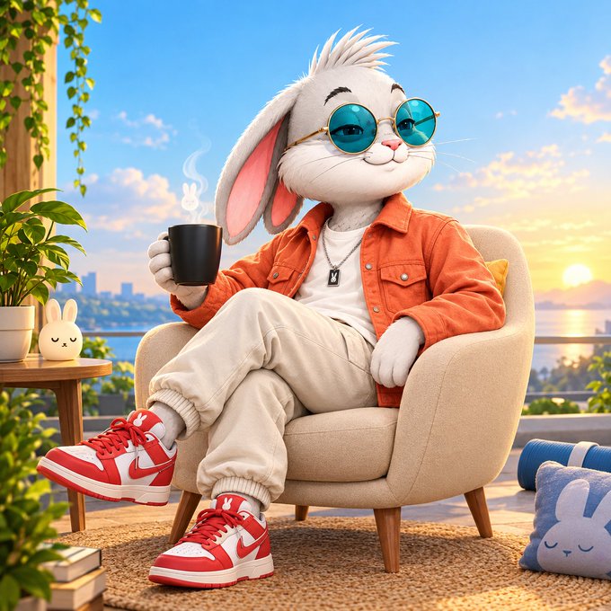 A 3D-rendered anthropomorphic bunny character wearing sunglasses, an orange jacket, and red sneakers, sitting in an armchair holding a coffee mug at sunset.