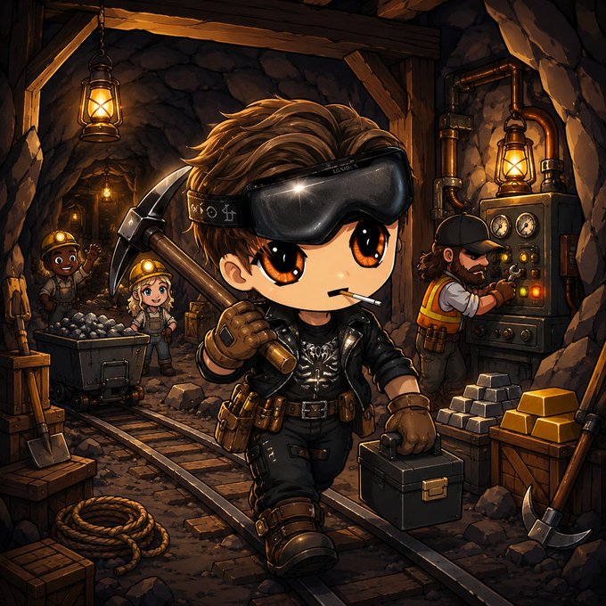 A chibi-style cartoon miner character with large brown eyes, holding a pickaxe and a briefcase, wearing goggles and dark clothing in a mine with gold bars, lanterns, and other miners in the background.