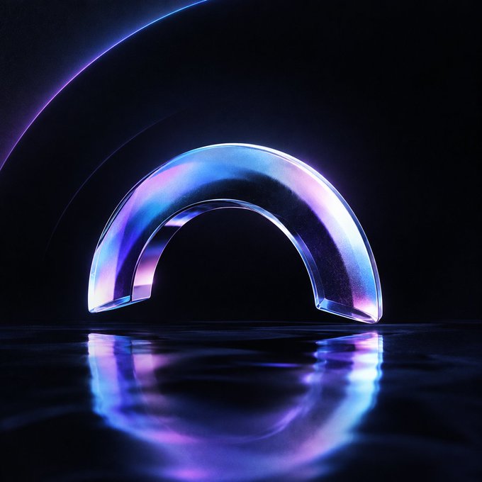 An abstract, glowing 3D arch shape with iridescent blue and purple colors is reflected on a dark, glossy surface.