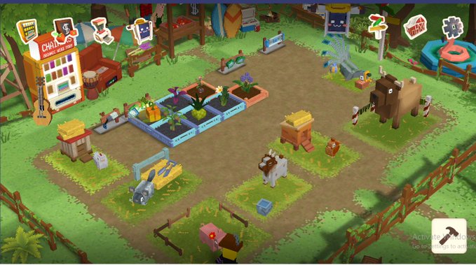 An isometric farm management game scene showing crop plots, a 'CHATNEK' shop, scattered farm animals including a horse and rabbit, and various farm equipment.