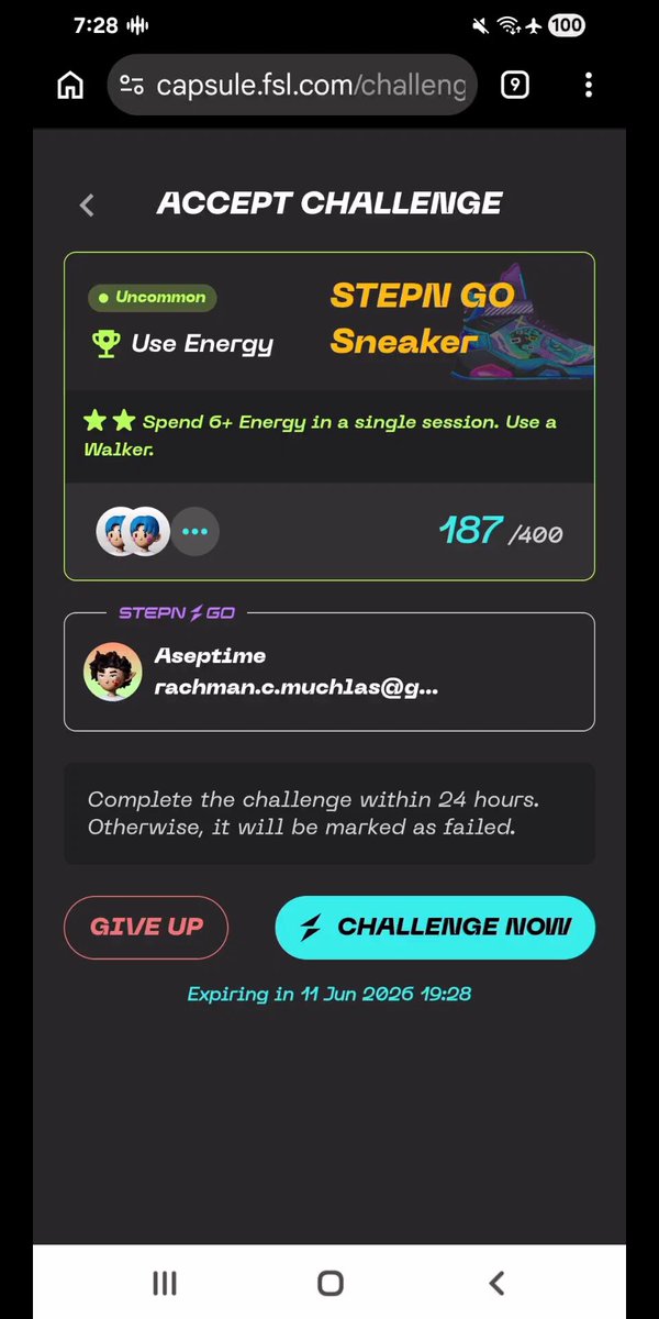 The image shows a cellphone screen with an acceptance challenge page for the capsule challenge. The challenge appears to be beta testing, as indicated by the text "Day 1" and "beta testing of the capsule challenge." The user has already accepted the challenge and is given a score of 187 points.