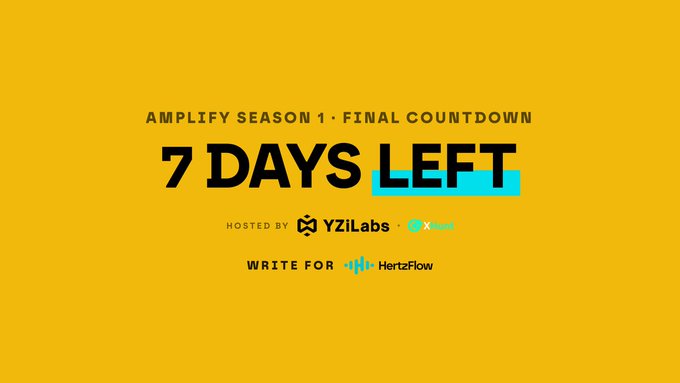 Yellow promotional banner for 'Amplify Season 1 • Final Countdown' announcing '7 Days Left', hosted by YZiLabs and X, write for HertzFlow.