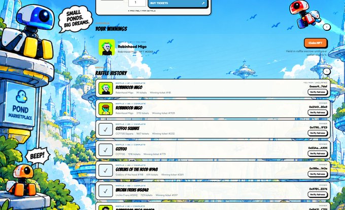 This image displays a raffle history interface from "POND MARKETPLACE" featuring a robot mascot, with winning tickets listed including names like "Robinhood Migo," "OSFRO SUMME," and "GETRO" with their respective ticket numbers.