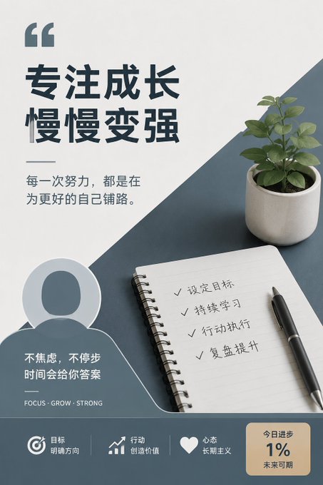 Motivational poster in Chinese titled '专注成长 慢慢变强' (Focus on growth, slowly become stronger) featuring a plant, notebook with a checklist, and icons for goal, action, and mindset.