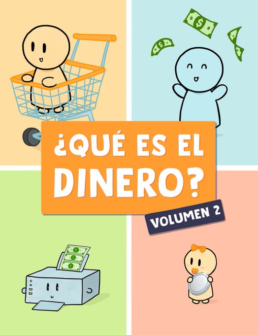 A colorful educational illustration titled '¿QUÉ ES EL DINERO? VOLUMEN 2' (What is Money? Volume 2), showing cartoon figures representing shopping, earning money, printing money, and saving.