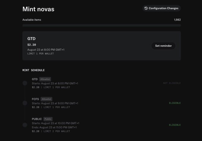 A "Mint novas" interface displays GTD items priced at $2.20 with 1,982 available, alongside a mint schedule showing GTD starting August 23 at 8:00 PM GMT+1, FCFS (eligible) at 9:00 PM, and Public (eligible) at 10:00 PM, all limited to 1 per wallet at $2.20. The interface relates to the post by showing the updated $2.20 mint price, the 8 PM start time, and eligibility options for the GTD, FCFS, and Public mint phases, though it displays 1,982 available items rather than the post's stated supply of 1616.