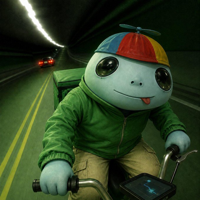 A blue-green animated creature wearing a colorful propeller cap and green jacket rides a bicycle through a tunnel at night.
