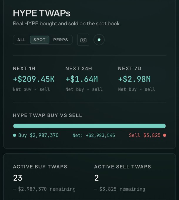 A dark-themed dashboard displays 'HYPE TWAPs' statistics showing HYPE token buy/sell activity, including +$209.45K for the next 1H, +$1.64M for next 24H, and +$2.98M for next 7D, with 23 active buy TWAPs totaling $2,987,370.