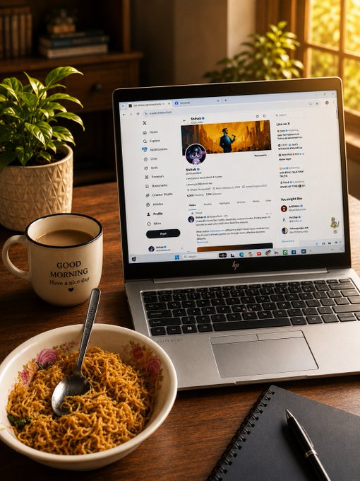 A cozy workspace shows a laptop displaying social media feeds alongside a 'GOOD MORNING Have a nice day' mug and a bowl of noodles on a wooden desk.