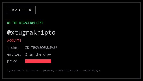 A webpage screenshot for 'ZDACTED' showing an 'ON THE REDACTION LIST' entry for '@xtugrakripto', labeled 'ACOLYTE' with a redacted price.