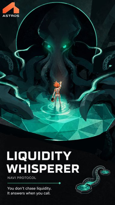 A promotional graphic titled 'LIQUIDITY WHISPERER' by Navi Protocol features an illustration of a character summoning a giant octopus with glowing eyes, accompanied by the tagline 'You don't chase liquidity. It answers when you call.'