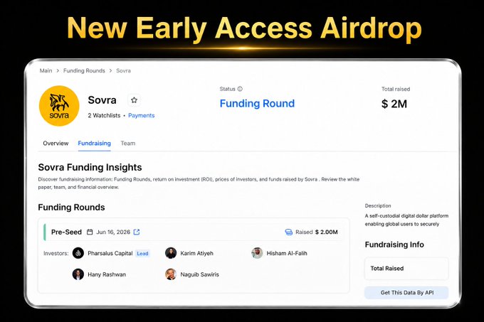 The image shows a screenshot of a computer screen displaying information about an early access opportunity through an airdrop. The title of the post reads "New Early Access Airdrop", and it says that a group called "SOVA" is seeking investors for a project involving digital currency. Users who participate in this funding round will receive USDC as payment, and they can expect to receive updates on the progress of their investment over time. The post also mentions that if the fundraising goal is reached by January 31st, the investors will have immediate access to the funds.