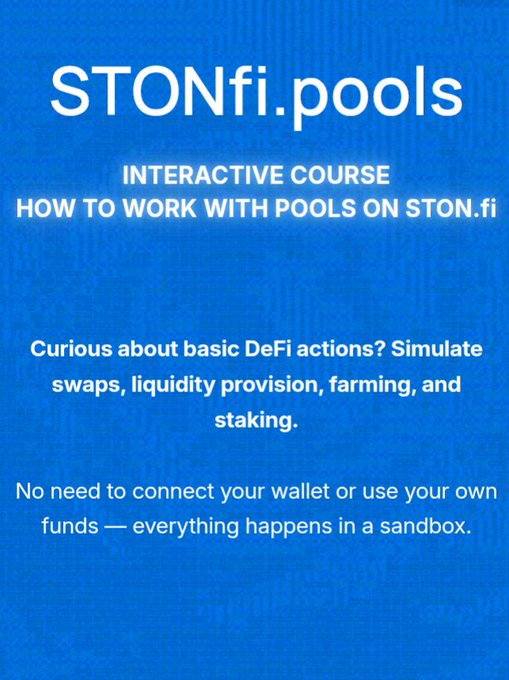 A blue promotional graphic for STONfi.pools, an interactive course teaching users how to work with liquidity pools, swapping, farming, and staking on STON.fi in a sandbox environment.