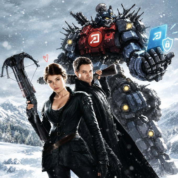 A parody movie-style poster featuring a woman with a crossbow and a man with a shotgun standing in front of a giant robot in a snowy setting, humorously edited with digital security lock icons.