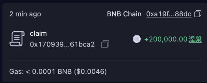 A transaction screenshot shows a "claim" of +200,000.00 tokens on BNB Chain, costing less than 0.0001 BNB ($0.0046) in gas fees, illustrating the small cost of claiming free tokens promoted by the linked airdrop site.