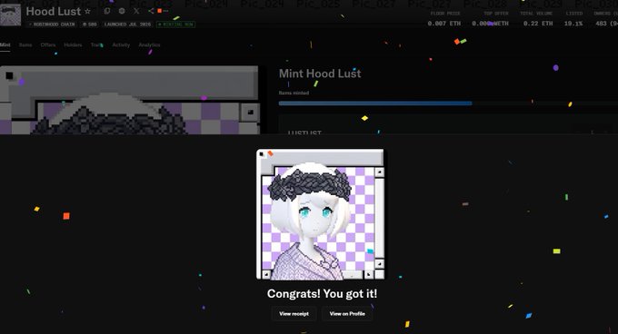A screenshot of a digital achievement screen for "Mint Hood Lust" showing a chibi character with a laurel wreath and the text "Congrats! You got it!".