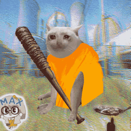 A white cat in an orange shirt holds a baseball bat in a gritty cityscape, with a "MAX" logo featuring a cartoon character with glasses in the bottom corner and the text "$CASHCAT" implied by the meme's punchline. The image serves as the official mascot of the fictional $CASHCAT ticker, humorously positioning it as an alternative investment opportunity alongside Robinhood.