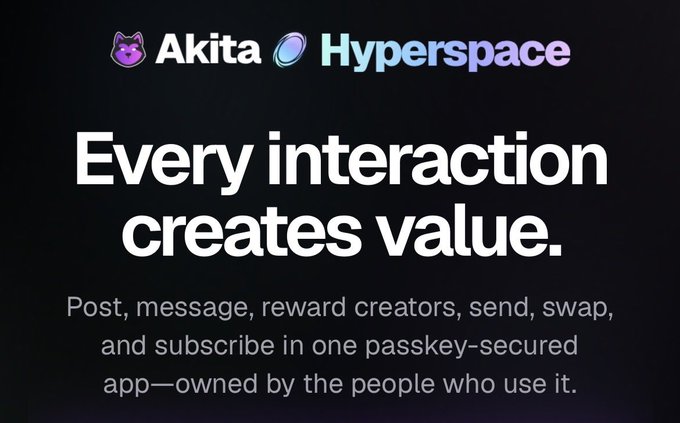 Promotional graphic for Akita and Hyperspace apps featuring the tagline 'Every interaction creates value.' and describing a passkey-secured app for posting, messaging, rewarding creators, sending, swapping, and subscribing.
