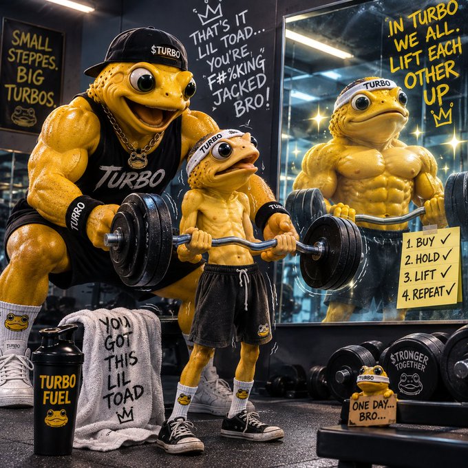 A meme-style illustration of muscular anthropomorphic toads in a gym setting with motivational text including 'SMALL STEPPES. BIG TURBOS,' 'IN TURBO WE ALL. LIFT EACH OTHER UP,' and '1. BUY 2. HOLD 3. LIFT 4. REPEAT.'