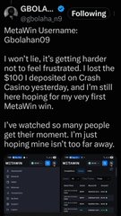 The tweet from @gbolaha_n9 announces a recent $100 deposit on Crash Casino via MetaWin, his very first MetaWin win, and shows excitement over his previous Cashino win while waiting for the next round. The accompanying post celebrates his $200 win and offers best wishes for future giveaways.
