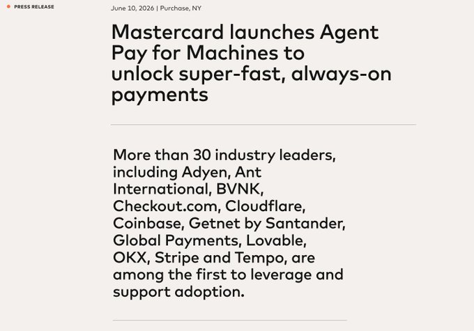 The image features a white background with black text. The title of the image reads "Mastercard Launches Agent Pay for Machines to Unlock Super-fast, Always-on payments", providing an overview of the new product release. There are two mentions of companies in the image - "@solanaFndn" and "@aave". The text also includes details about the partners involved, such as their names and organizations.