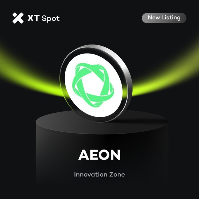The image is an XT.com promotional graphic announcing a new spot listing for AEON (Aeon), displayed on a black pedestal with a glowing green ring backdrop, featuring the "New Listing" badge and "Innovation Zone" label beneath the AEON ticker.