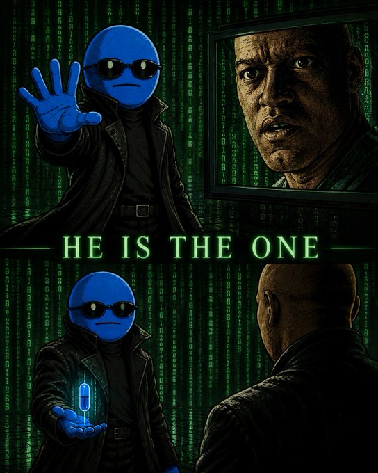 A Matrix-themed parody meme features a blue cartoon figure in a black trench coat and sunglasses confronting Morpheus, with the text 'HE IS THE ONE'.