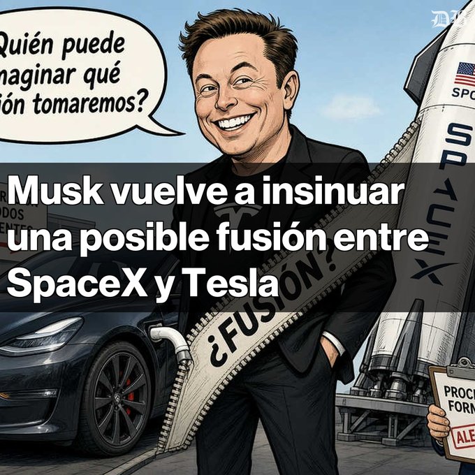 A cartoon illustration of Elon Musk smiling with speech bubble text '¿Quién puede imaginar qué decisión tomaremos?' (Who can imagine what decision we will make?), featuring a zipper labeled '¿FUSIÓN?' (Merger?) connecting a Tesla car and SpaceX rocket, with the headline 'Musk vuelve a insinuar una posible fusión entre SpaceX y Tesla' (Musk hints again at a possible merger between SpaceX and Tesla).