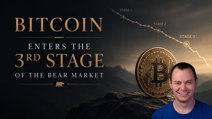 The image features a man wearing a blue shirt with a bear mascot above his head. The bear mascot has a face and appears to be smiling, giving off a friendly vibe. Below the bear mascot, there's text that reads "BITCOIN ENDS THE 3RD STAGE OF THE BIRTH MARKET", which is related to Bitcoin in some way. The man with the bear mascot seems to be promoting or discussing Bitcoin, possibly as part of an advertisement or social media post.