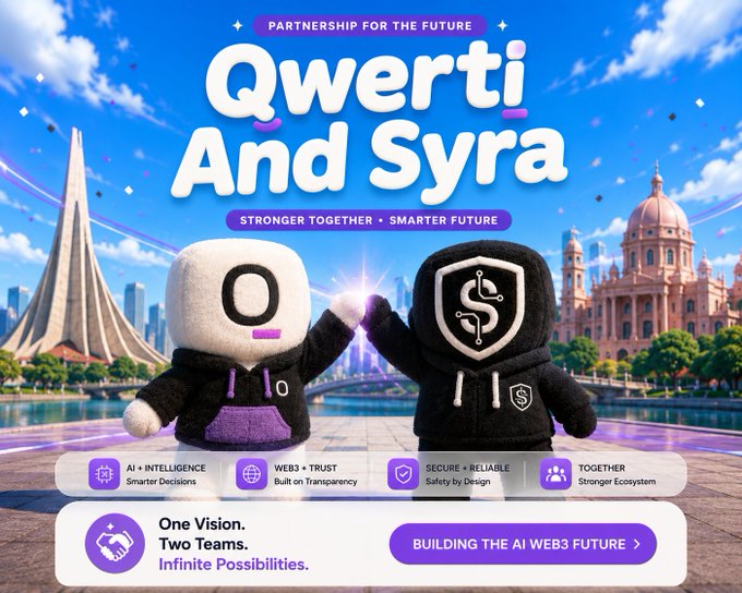 The image features a poster for a partnership between Qwerti AI and Syra, which has been officially integrated into the Syra trading intelligence agent. The poster displays two small figures wearing hoodies with the words "Qwerti" and "Syra" written on them. They are standing in front of a cityscape backdrop that includes a tall building and a bridge. The text on the poster highlights the partnership's focus on collaboration, innovation, and the development of intelligent trading solutions for the web future.