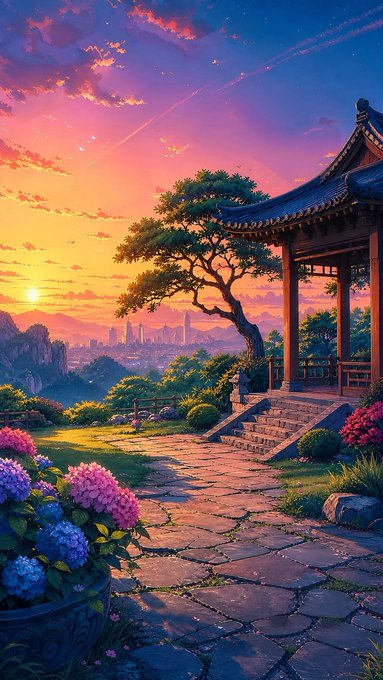 A vibrant anime-style illustration of a Japanese pavilion overlooking a sunset, with a stone path, pine tree, colorful hydrangeas, and a distant city skyline.