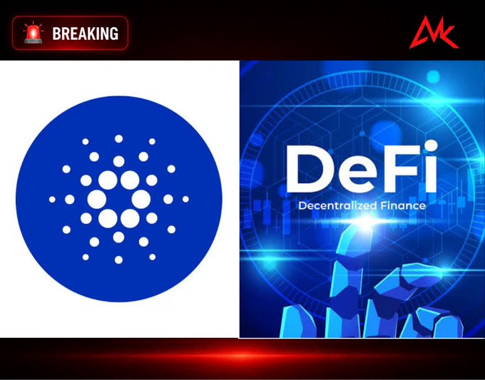 A 'Breaking' news graphic featuring the blue Cardano (ADA) logo on the left and a 'DeFi - Decentralized Finance' graphic on the right.