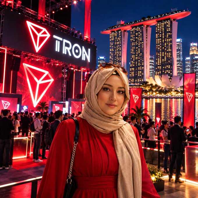 A woman in a red dress and beige hijab stands in front of a brightly lit TRON event, with the Singapore skyline featuring the Marina Bay Sands hotel in the background.