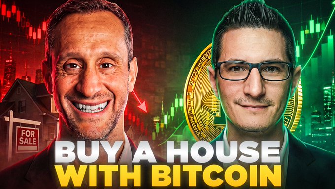 A YouTube thumbnail featuring two men's faces with the text 'BUY A HOUSE WITH BITCOIN' overlaid on a background showing a 'FOR SALE' sign and Bitcoin/candlestick graphics.