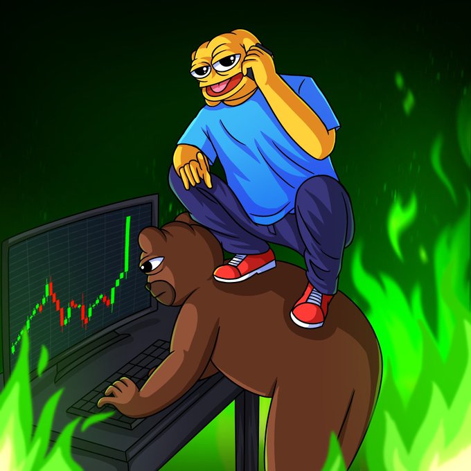 An illustration of a Pepe frog character wearing a blue shirt and red sneakers, sitting on a bear that is operating a keyboard in front of a monitor displaying a green and red stock/crypto chart, surrounded by green flames.