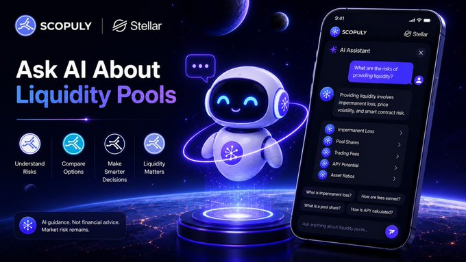 A futuristic Scopuly AI Assistant chatbot on a smartphone screen explains the risks of providing liquidity on the Stellar network, listing topics like Impermanent Loss, Pool Shares, Trading Fees, APY Potential, and Asset Ratios, alongside a cute robot mascot and space-themed backdrop. The image directly illustrates the post's message of using AI to understand liquidity pool risks before entering a position.