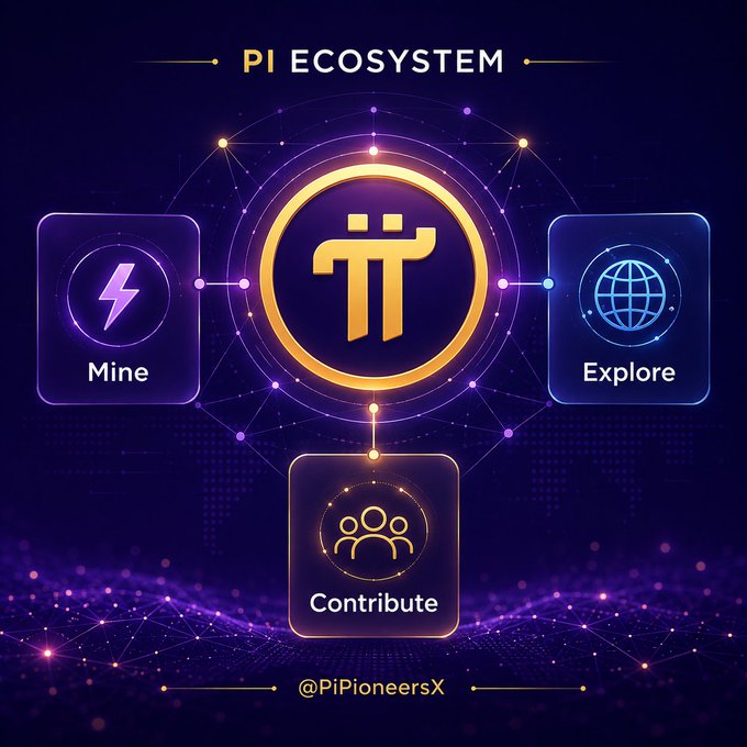 A graphic titled "PI ECOSYSTEM" displays the Pi Network logo at the center, connected to three labeled nodes: "Mine" (with a lightning bolt icon), "Explore" (with a globe icon), and "Contribute" (with a people icon), set against a purple cosmic background. The handle "@PiPioneersX" appears at the bottom, visually reinforcing the post's call to stay active through mining, exploring apps, and contributing to the community on #PiNetwork.