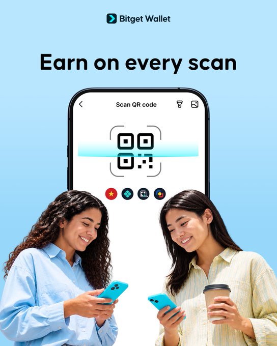 The image is a Bitget Wallet advertisement featuring the text "Earn on every scan" above a smartphone displaying a QR code scanner interface with various cryptocurrency logos, while two smiling women in the foreground use their phones—one holding a coffee cup—demonstrating how users can pay with crypto by scanning merchants' QR codes.