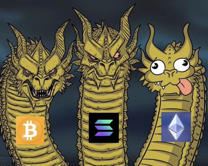 This image is of a three headed multi colored yellow dragon, each with its own cryptocurrency logo next to its head.  Bitcoin, Solana and Ethereum look very vicious until they finally musters the confidence to come at the viewer with tongues out.
