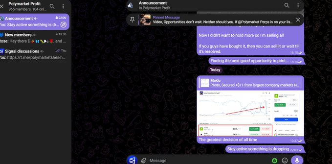 A Telegram screenshot shows a "Polymarket Profit" channel advertising 22:09 "Stay active something is dropping..." and a private message exchange where someone claims to be selling all holdings while others warn "Video, Opportunities don't wait. Neither should you," alongside a MSTR stock chart showing the "greatest decision of all time." The image illustrates the recruitment pitch for joining a "prediction" Telegram group promising profit calls, contrasting the messenger's aggressive selling advice with a public promotion of guaranteed success.