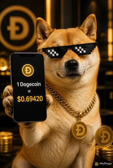 A Shiba Inu wearing pixelated "deal with it" sunglasses holds up a smartphone displaying "1 Dogecoin = $0.69420," surrounded by Dogecoin-themed gold coins and chains. The image humorously visualizes the post's joke about Dogecoin's price hovering near the meme number $0.069420.