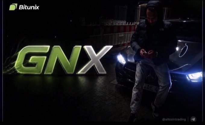 A promotional image featuring a person in a hoodie standing next to a car at night, with large green "GNX" text, the "Bitunix" logo, and the handle "@altcointrading".