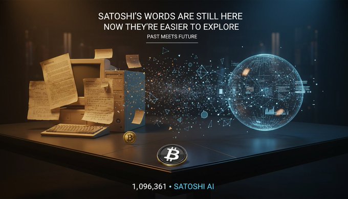 A promotional banner reading 'SATOSHI'S WORDS ARE STILL HERE NOW THEY'RE EASIER TO EXPLORE' and 'PAST MEETS FUTURE' featuring a vintage computer with papers and a digital Bitcoin sphere, displaying '1,096,361 • SATOSHI AI' at the bottom.
