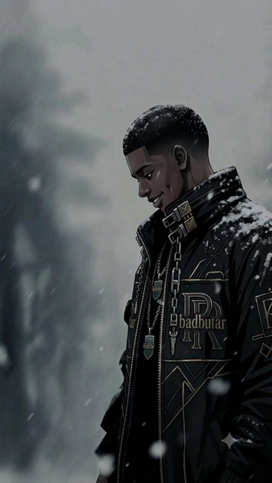 A dark anime/illustration-style portrait of a man in a black jacket with gold lettering standing in falling snow, looking downward.
