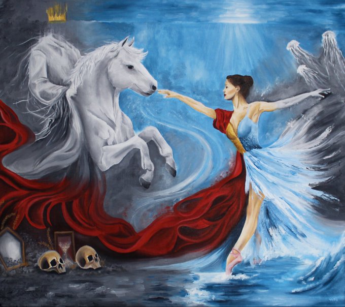 A painting depicting a ballerina in a blue and red dress dancing alongside a white rearing horse, with skulls and a crown at their feet.