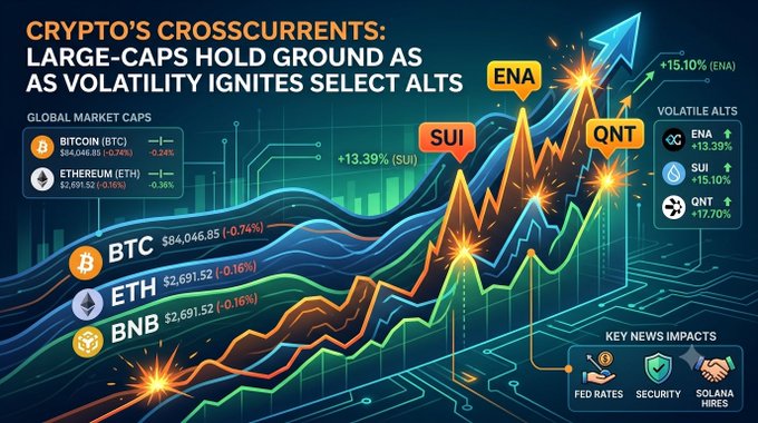 A cryptocurrency market infographic titled 'CRYPTO'S CROSSCURRENTS: LARGE-CAPS HOLD GROUND AS VOLATILITY IGNITES SELECT ALTS' showing price data for BTC ($94,046.85), ETH ($2,691.52), and BNB, with surges in ENA (+15.10%), SUI (+13.39%), and QNT (+17.70%).