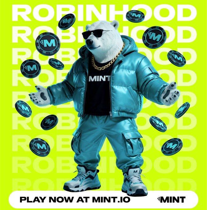 A promotional graphic featuring a white bear wearing sunglasses and a cyan puffer jacket, surrounded by floating 'M' tokens on a neon green background with 'ROBINHOOD' text and 'PLAY NOW AT MINT.IO' at the bottom.