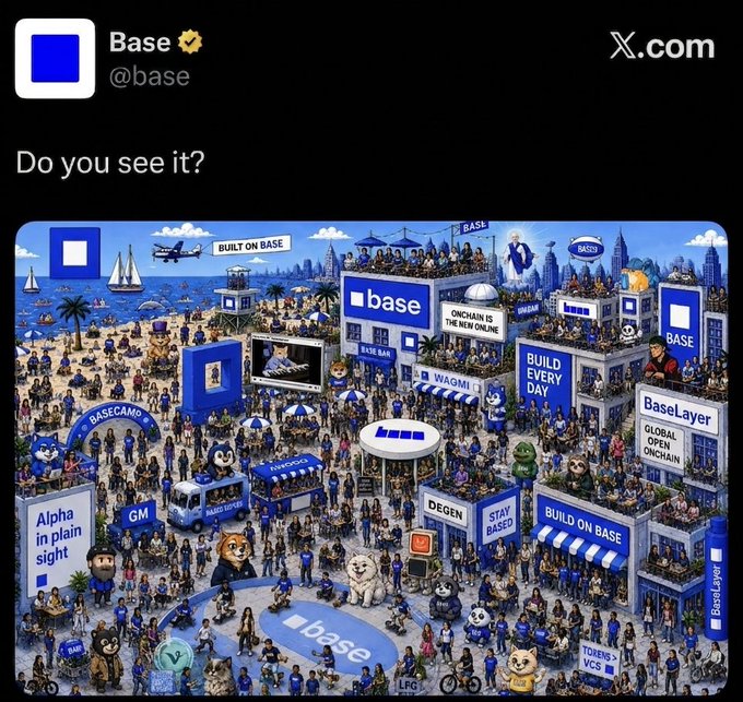 A social media post from Base (@base) on X.com with the text 'Do you see it?' featuring a detailed illustrated scene of a 'BASECAMP' with various characters and buildings.
