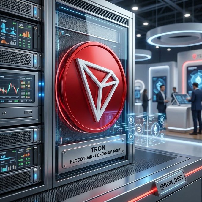 A futuristic display features the red Tron cryptocurrency logo ("TRX") mounted on a server labeled "TRON BLOCKCHAIN - CONSENSUS NODE," set in a high-tech environment with digital screens showing market data and a hologram of Ethereum and Bitcoin symbols.
