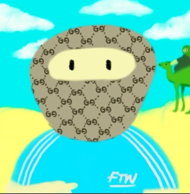 A digital artwork features a character wearing a beige Gucci-patterned balaclava and a blue Adidas sweatshirt with 'FTW' written on it, set against a cartoon desert background with a camel.